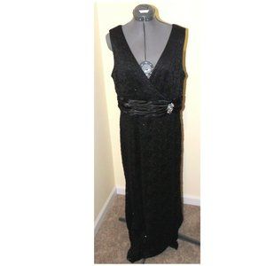 NEW! R & M Richards Sequins Glitter Long Black Dress w/ Brooch Plus 14W